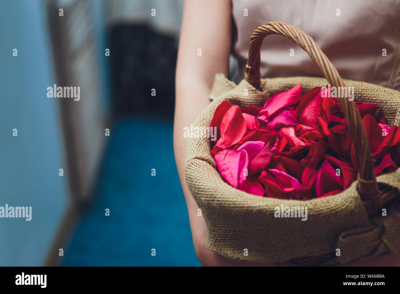 Dans une robe blanche de demoiselle d'organiser la diffusion de paniers de  fleurs pétale de rose à une réception de mariage à l'église pour un service  d'action de grâces Photo Stock -