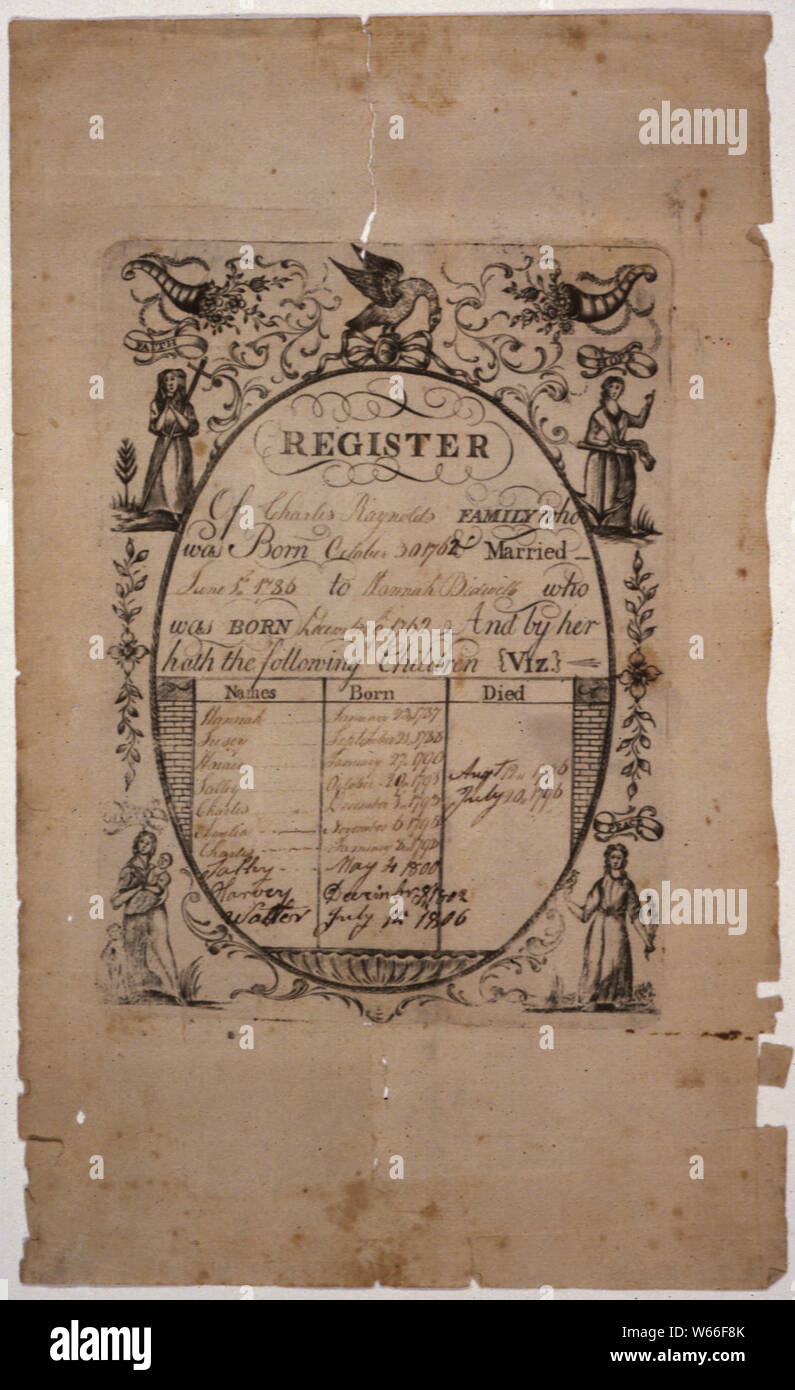 L'illustre famille notice (fraktur) trouvés dans la pension de guerre révolutionnaire et Bounty-Land-fichier demande de mandat W17528, pour Charles Reynolds, Connecticut. ; Portée et contenu : dossier illustré en anglais. A un registre imprimé représentant la foi, l'espérance, la charité et la paix. Notes générales : Original situé à TR3227 Banque D'Images