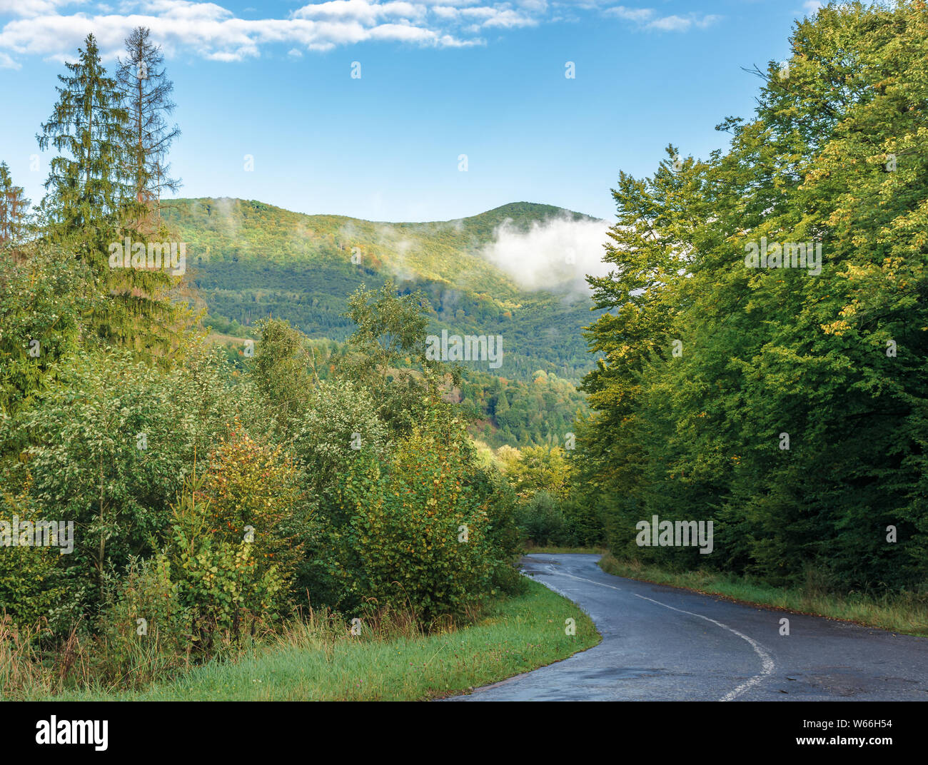 Vieux Pays route à travers la forêt dans les montagnes. belle expérience en transport. tôt le matin les nuages bas sur la crête et hi nuages sur le blu Banque D'Images
