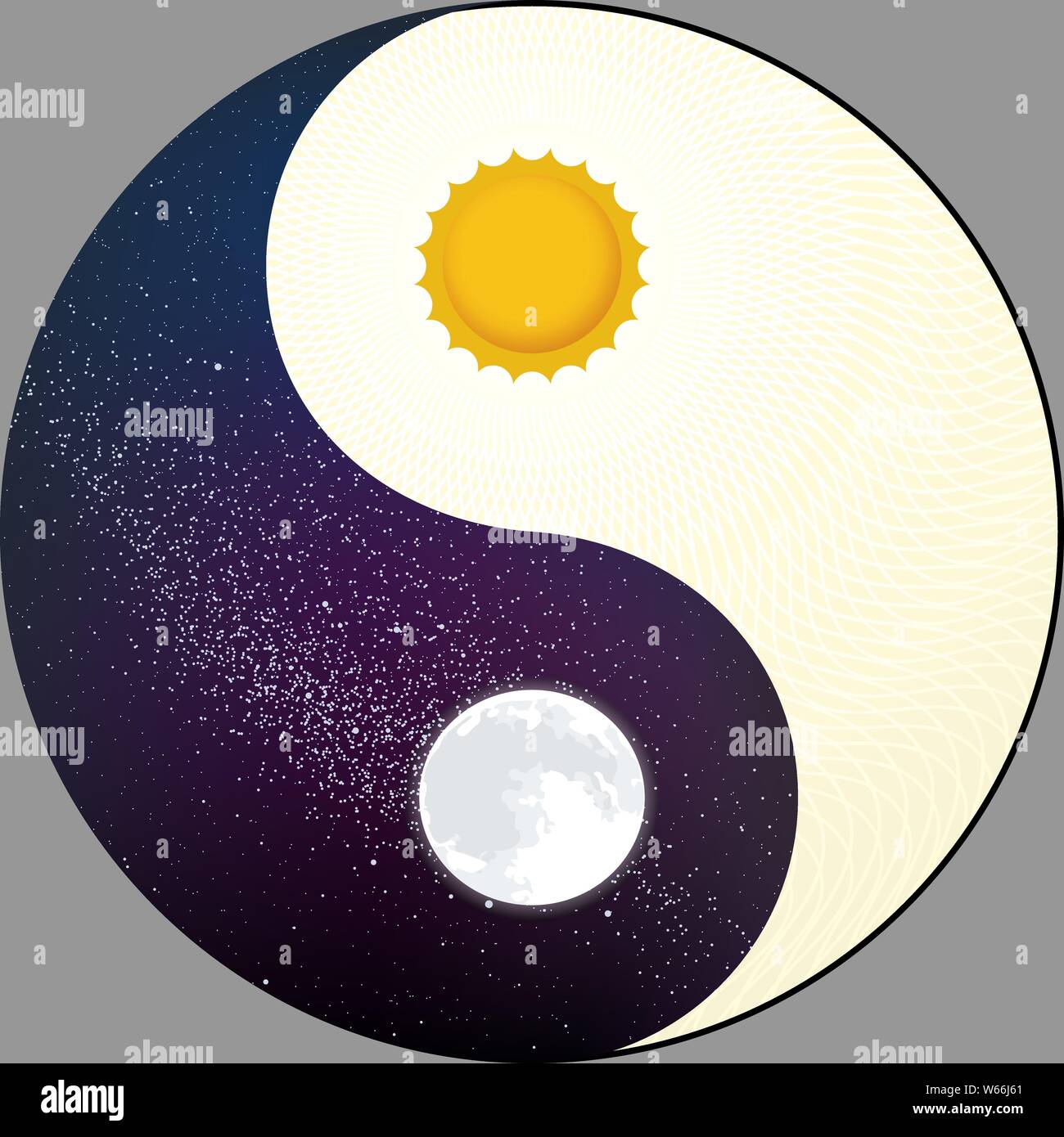 Vector illustration. Yin Yang cosmologique avec soleil et lune. Nuit et jour. Illustration de Vecteur