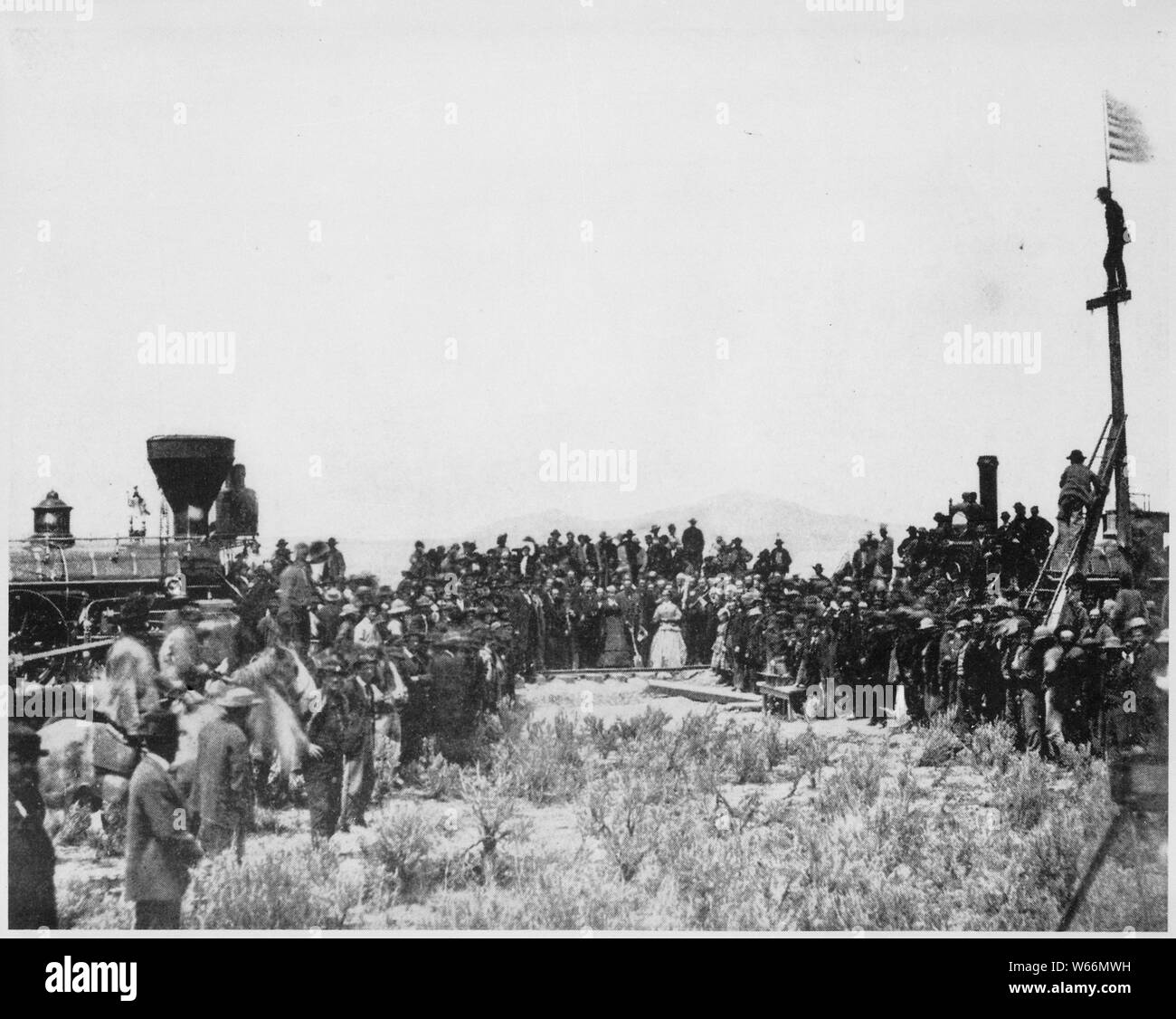 Rejoindre les pistes pour le premier chemin de fer transcontinental, promontoire, Utah, Terr., 1869 Banque D'Images