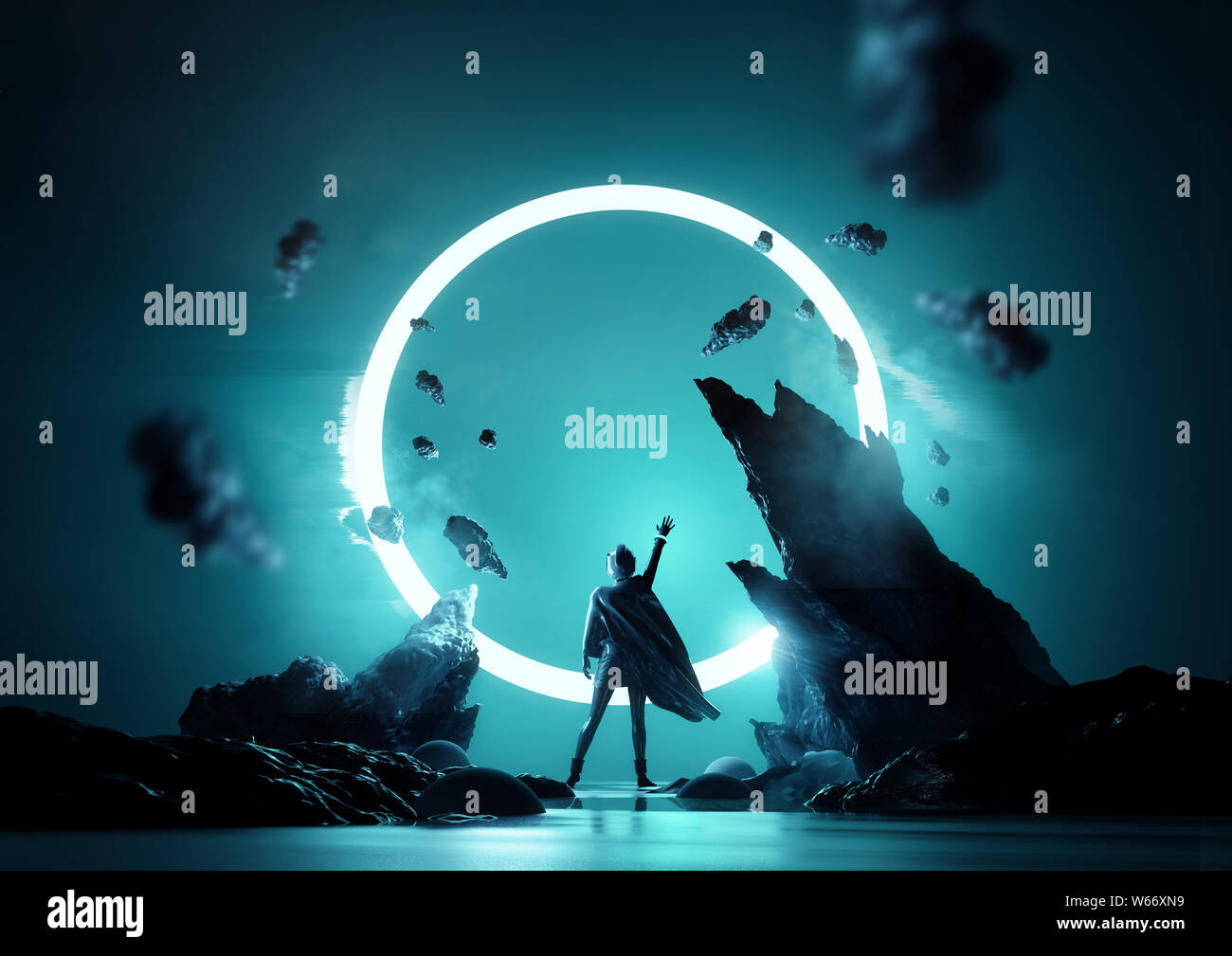 Entre les mondes fantasy concept. Une femmes qui atteignent jusqu'à une boucle rougeoyante de lumière. Portrait femme futuriste 3d illustration. Banque D'Images