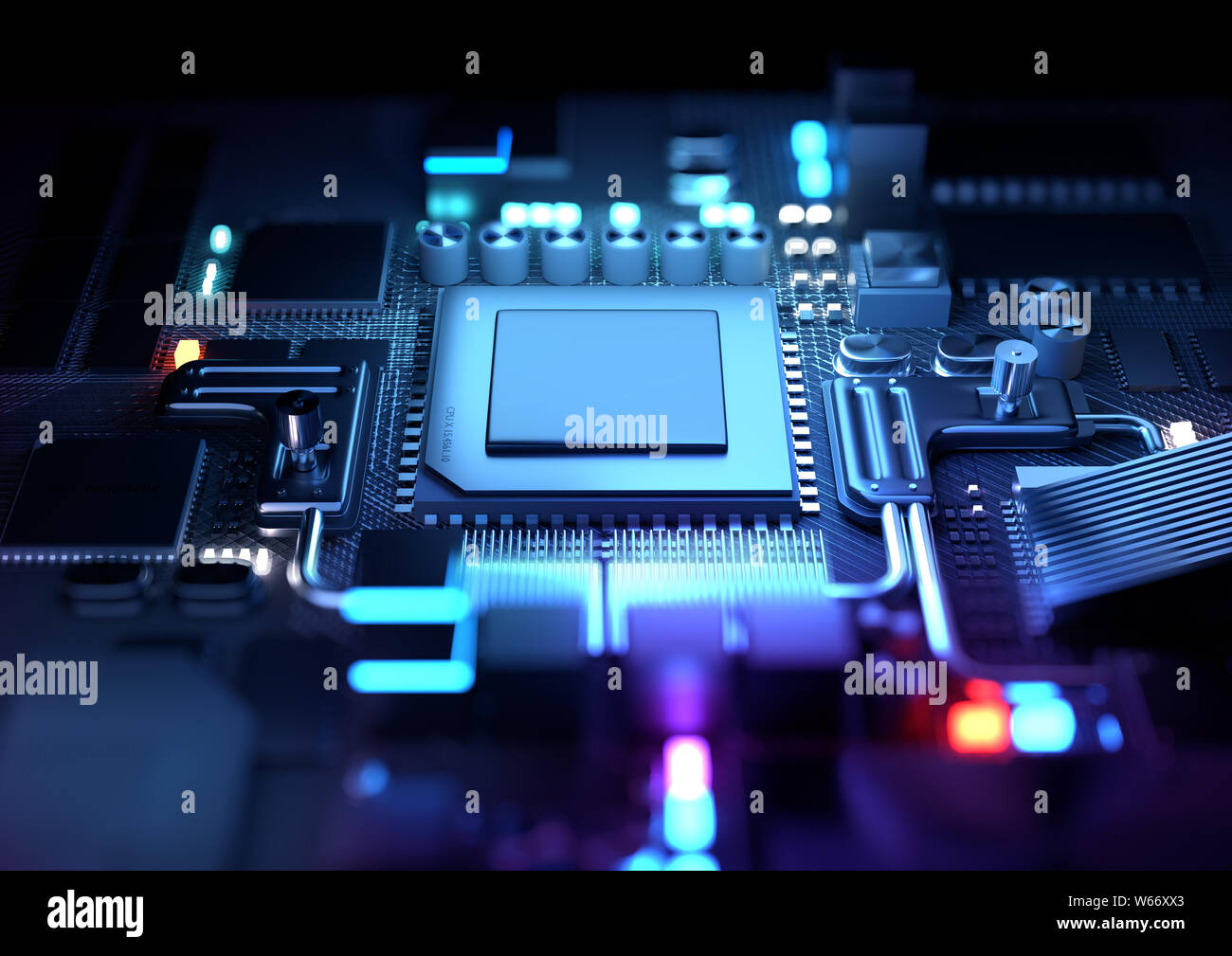 Avenir du développement technologique avec une unité centrale et de microprocesseurs pour l'apprentissage machine. Rendu 3D illustration. Banque D'Images