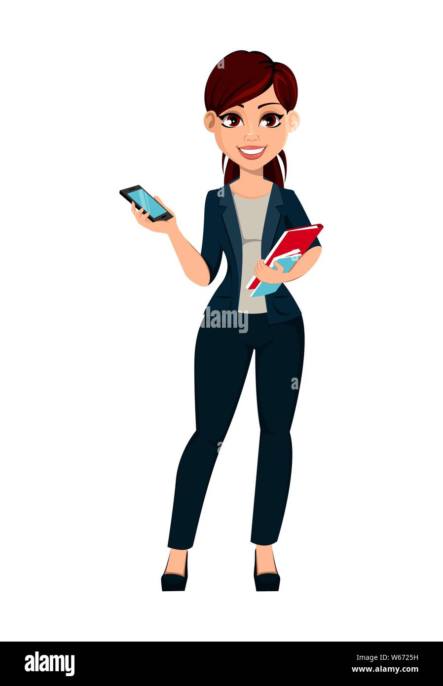 Belle jeune femme d'affaires est titulaire smartphone. Mignon femelle personnage de femme d'affaires. Vector illustration sur fond blanc Illustration de Vecteur