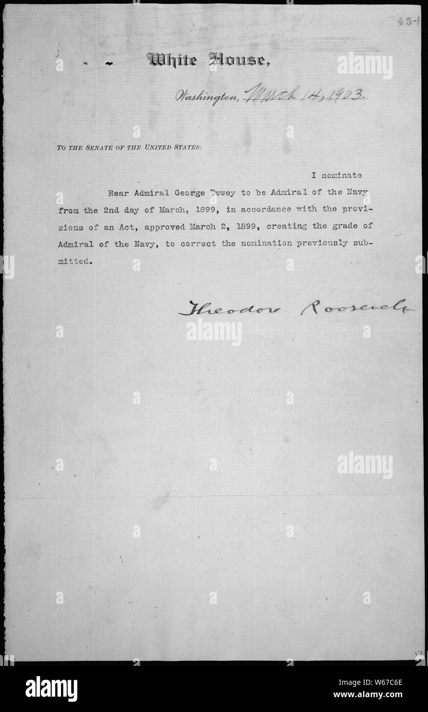 Message du président Theodore Roosevelt George Dewey mise en candidature pour être l'amiral de la Marine, le 14/03/1903 Banque D'Images