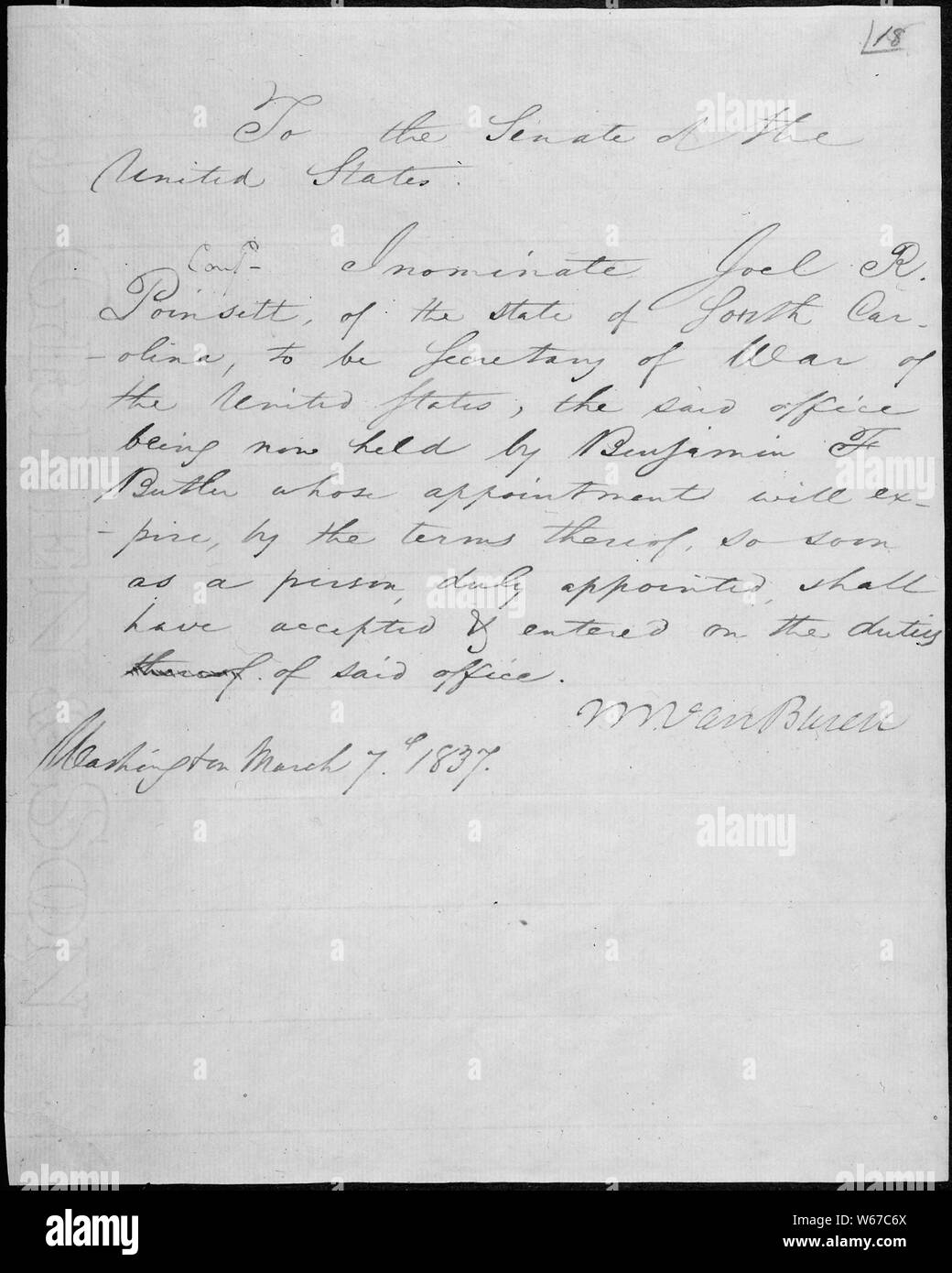 Message du président Martin Van Buren Joel R. Poinsett mise en candidature pour être secrétaire de la guerre, 03/07/1837 Banque D'Images