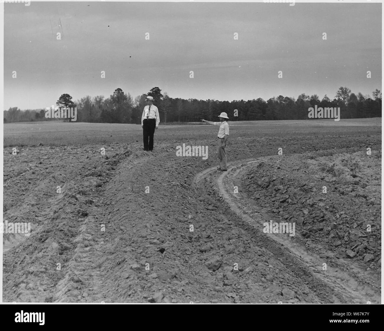 Newberry County, Caroline du Sud. M. C. T. Smith, superviseur de district de Saluda inférieur 5b du sol . . . ; Portée et contenu : la légende complète se lit comme suit : Newberry County, Caroline du Sud. M. C. T. Smith, superviseur de district du District de conservation du sol Saluda inférieur maintient ses terrasses avec le tracteur et d'une charrue. Banque D'Images