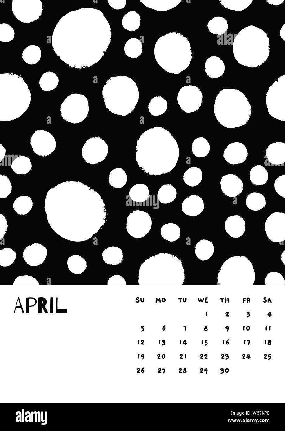 Avril 2020 Calendrier English Abstract Vector Hand Draw dot noir et blanc. Semaine commence le dimanche. Le minimalisme monochrome style. Calendrier affiche flyer mise en page, impression brochure médias, A3, A4, A5 Illustration de Vecteur