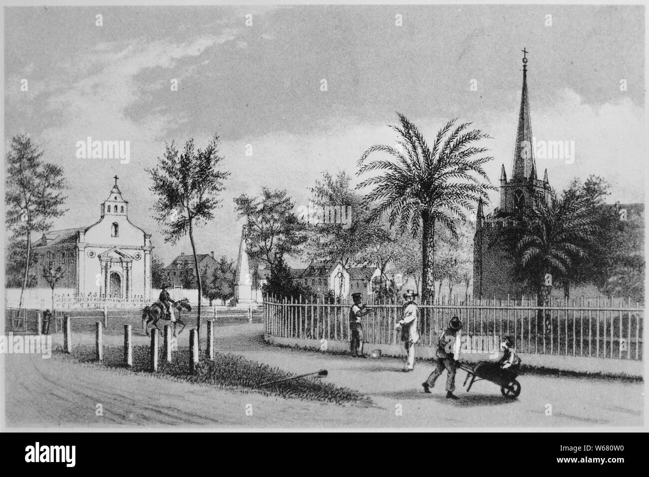 Place publique, Saint Augustin., ca. 1858 ; Portée et contenu : la lithographie à partir de l'histoire et des antiquités de la ville de Saint Augustine, Floride (New York, 1858). Notes générales : Lithographie Banque D'Images