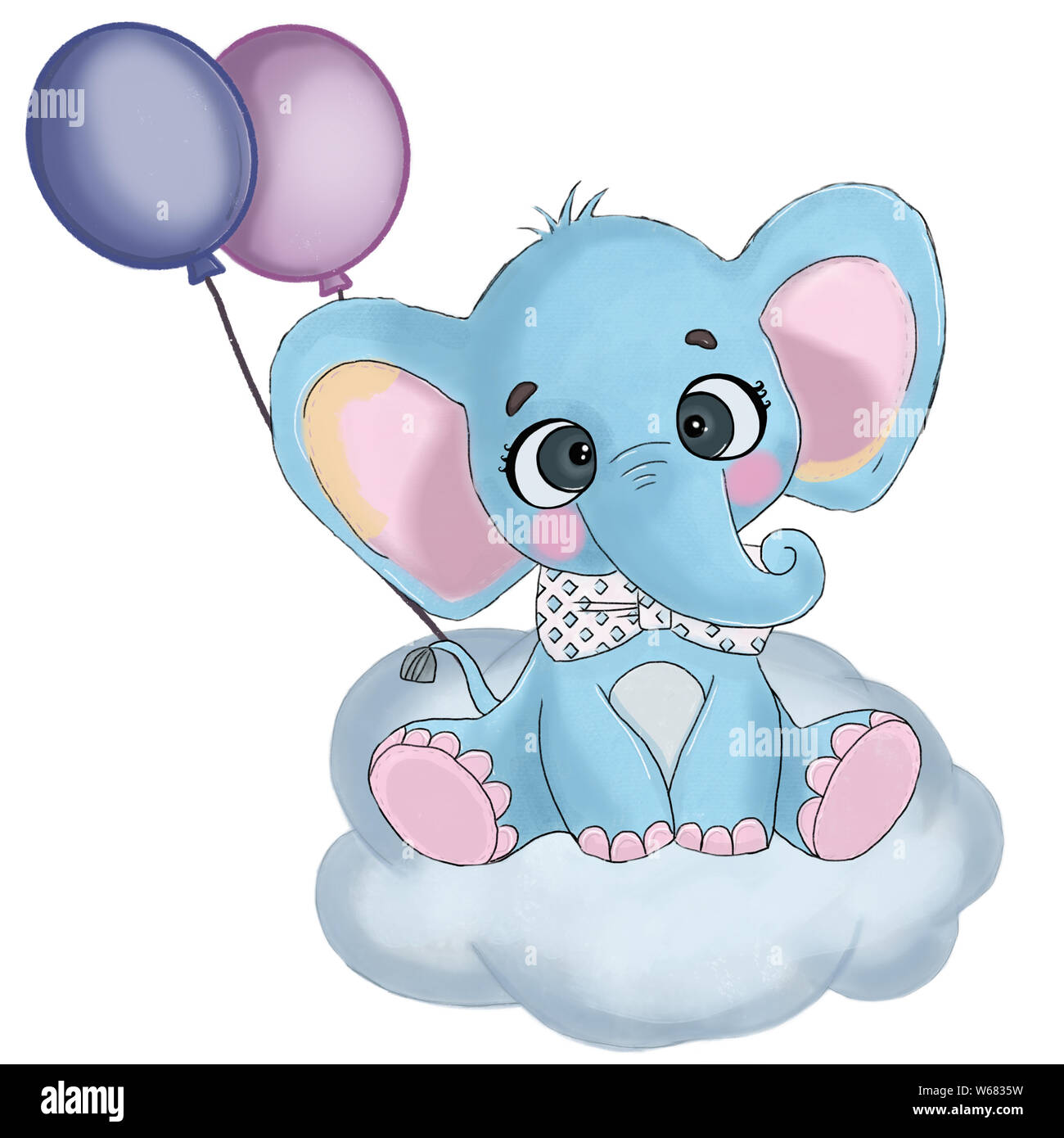 Illustration numérique d'un animal éléphant bleu assis sur un nuage avec des ballons sur une couche blanche isolée Banque D'Images