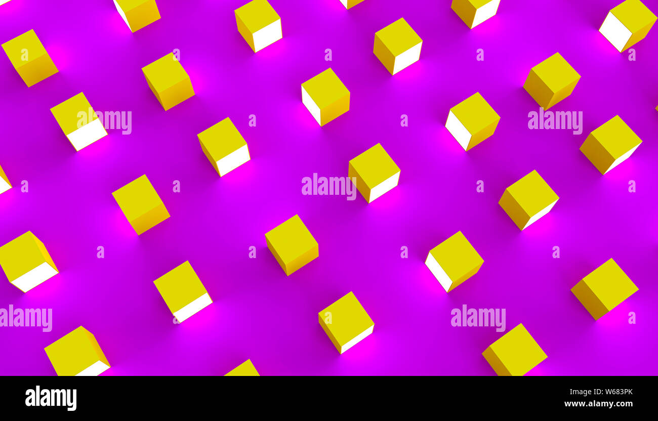 Groupe de cubes jaune avec un côté lumineux sur un fond violet répétitif et inégale. arrière-plan géométrique. Image 3D render Banque D'Images