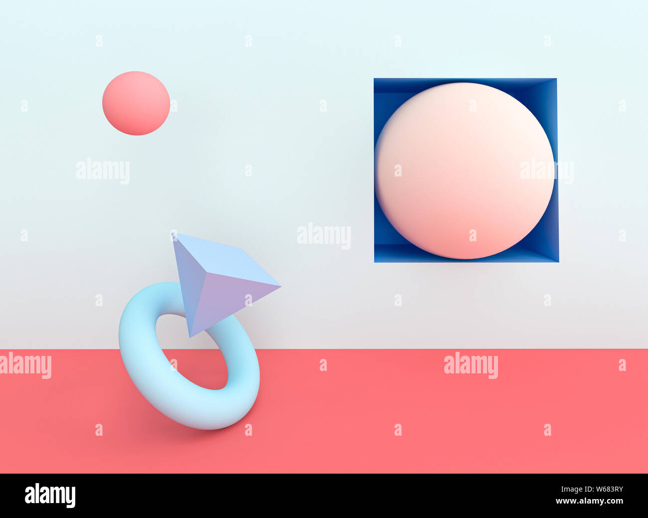 Résumé des formes géométriques solides dans des tons bleu et rose pastel. Image 3D render Banque D'Images