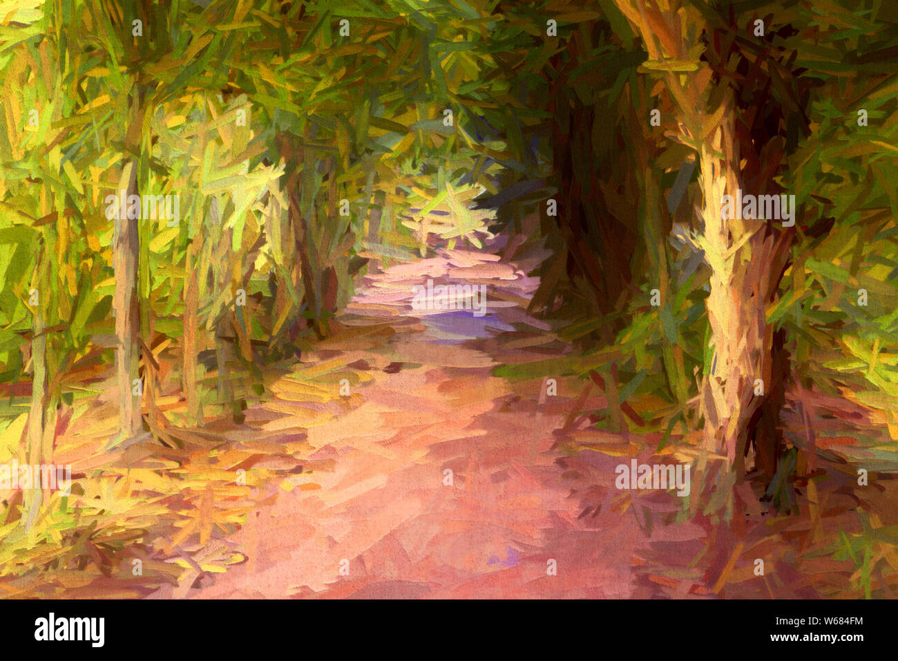 La peinture abstraite de l'avenue de l'arbre long et sombre dans un vieux parc à l'anglaise dans un style impressionniste. Banque D'Images