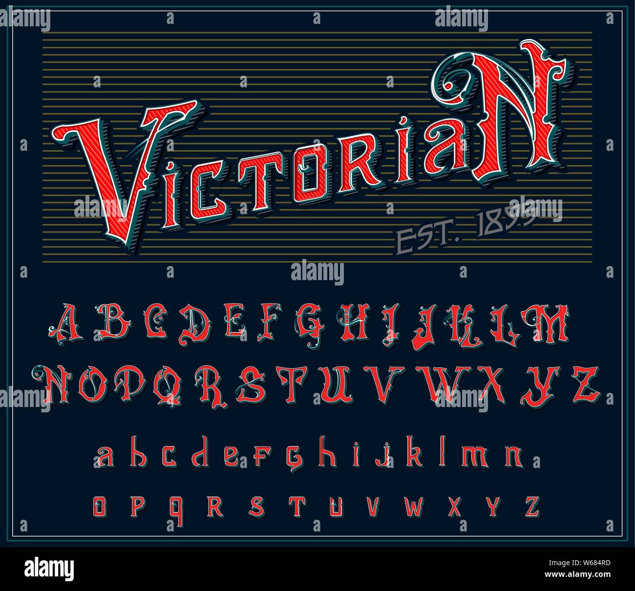 Alphabet victorienne dans un style ancien. Vieux anciens font de Whiskey label. Caractère Vintage en couleurs rouge, modifiable et stratifié. Hand drawn Vector Illustration de Vecteur