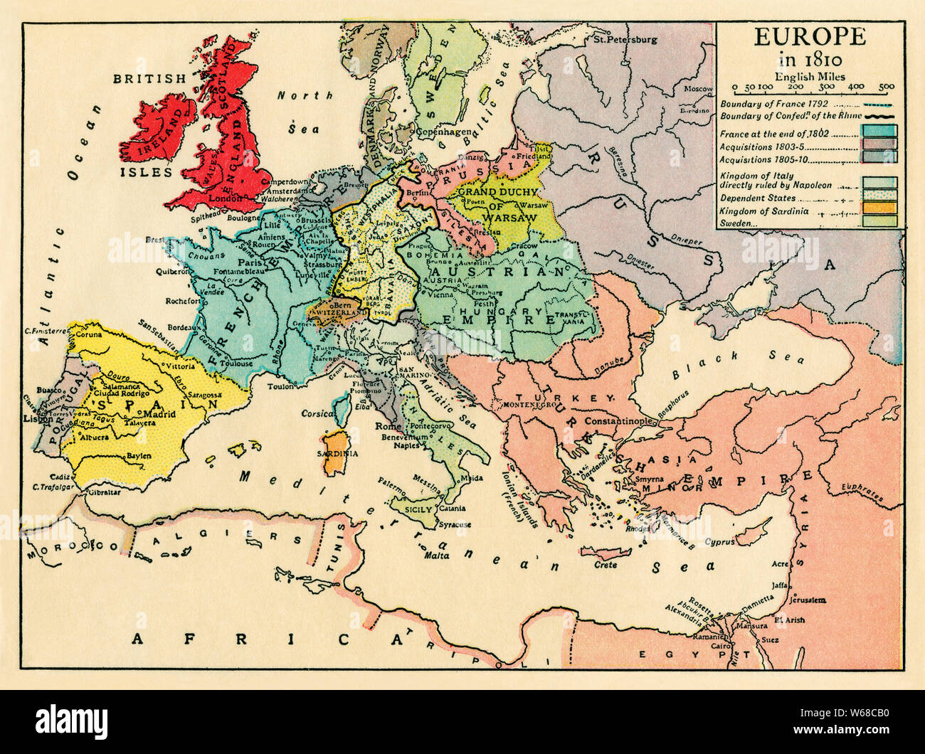 Carte de l'Europe en 1810 pendant les guerres napoléoniennes. Demi 