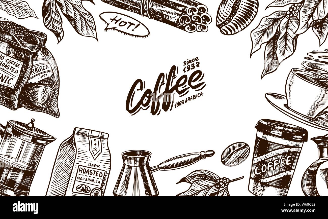 Les grains de café dans l'arrière-plan vintage style. Gravé à la main, croquis affiches rétro doodle. Tasse et inscription calligraphique. Modèles de bannière de vecteur. Illustration de Vecteur