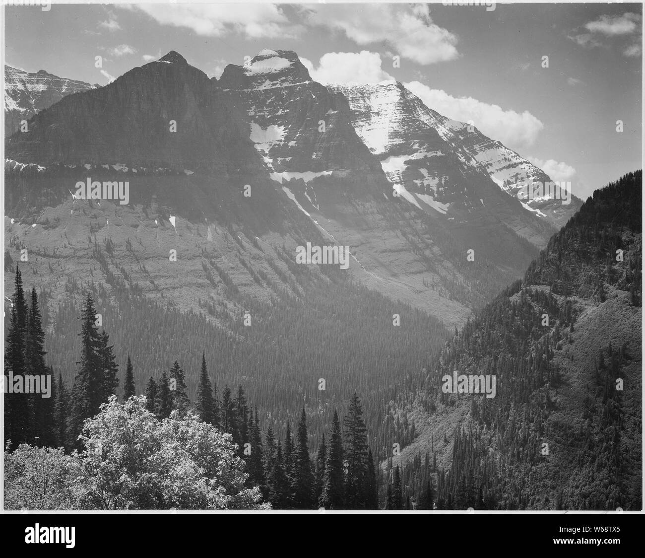 Vallée, des montagnes enneigées en arrière-plan, dans le Glacier National Park, Montana, 1933 - 1942. Banque D'Images