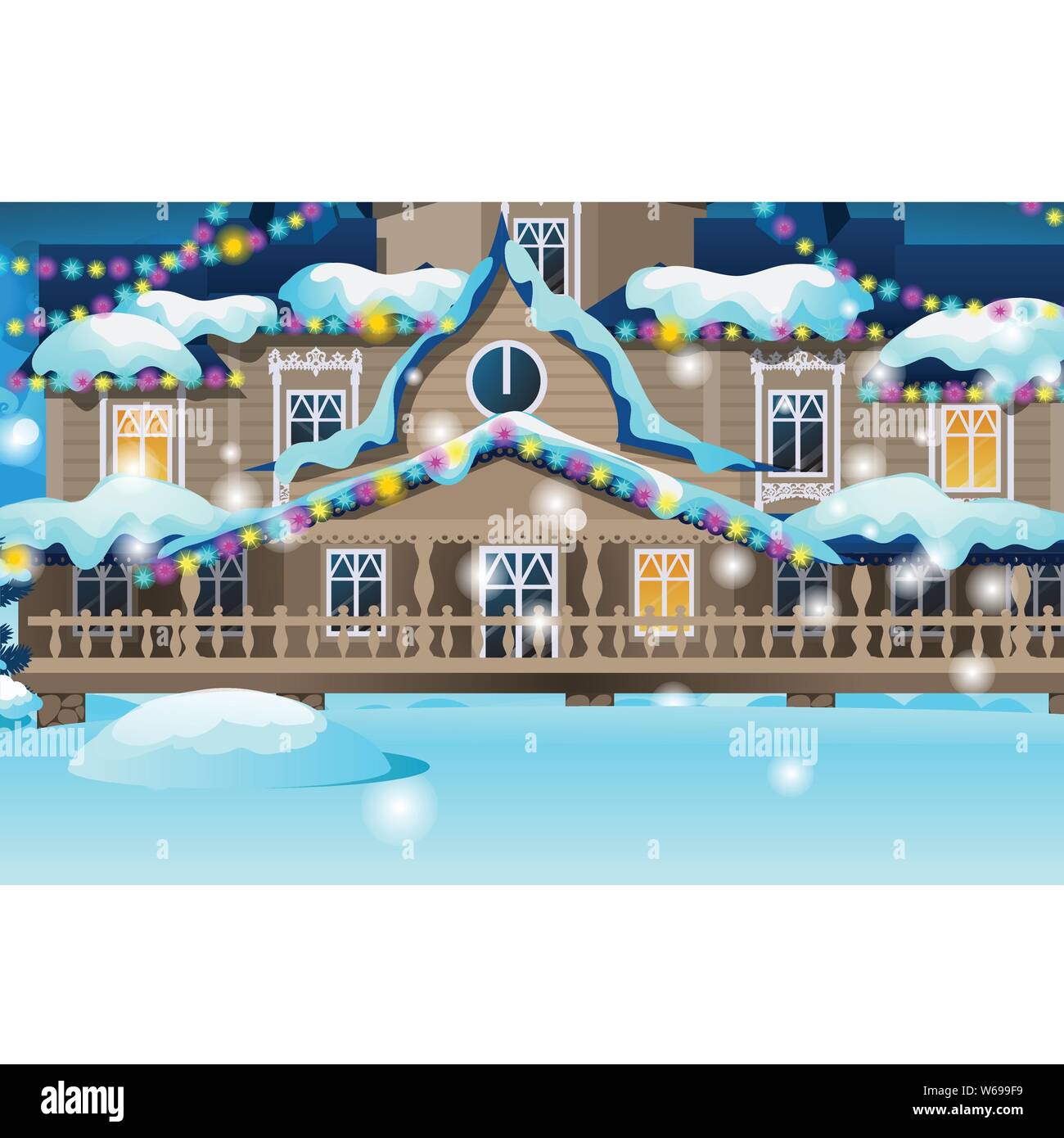 Maison en bois décoré de guirlandes de fête et d'ampoules multicolores. Croquis de l'affiche de la fête de Noël, invitation à une fête, holiday card Illustration de Vecteur