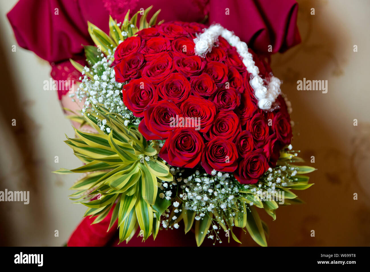 Grand luxe superbe bouquet dans les mains d'une jolie fille. Le jardin d'une centaine de roses rouges. Passionnément couleur écarlate, l'automne humeur. bouquet dans un hat box Banque D'Images