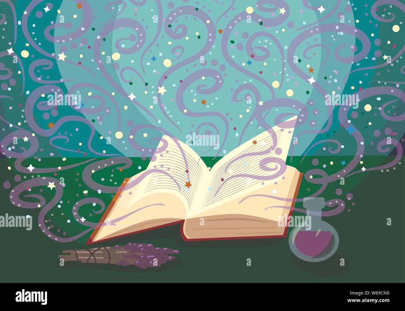 Livre de magie ouvert sur le tableau brille, vector illustration Illustration de Vecteur