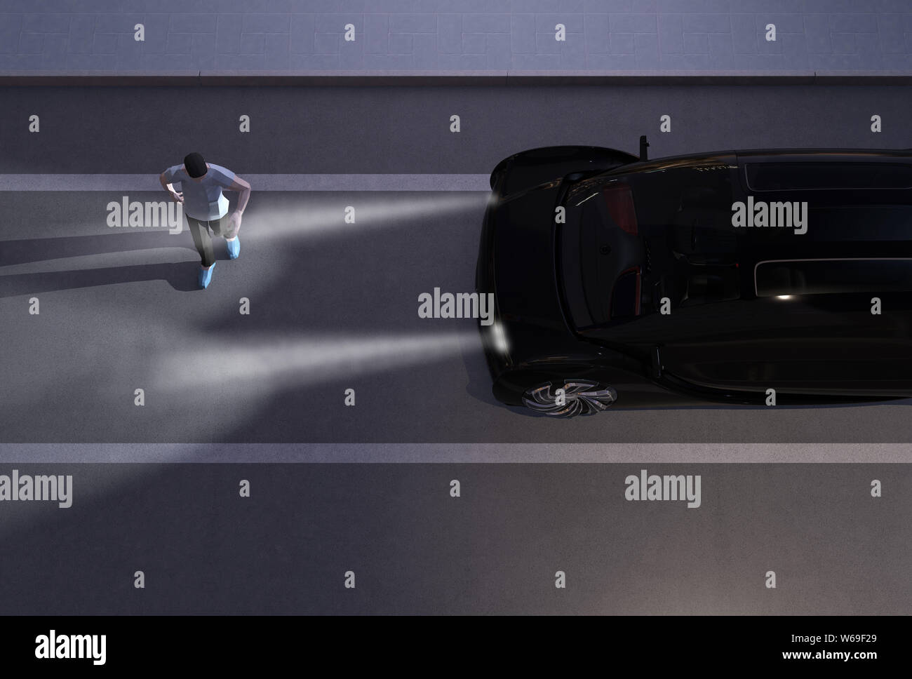 Voiture noire d'un freinage d'urgence éviter d'accident lors de la marche des piétons traverser la route la nuit. Freinage d'urgence automatique (système de freinage d'urgence) concept Banque D'Images