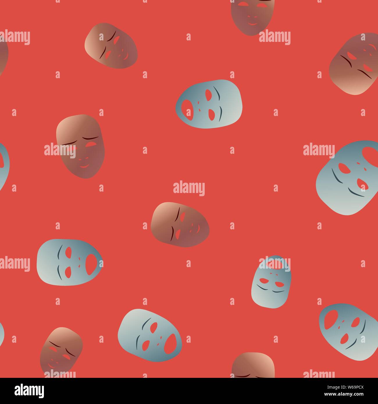 Modèle sans masque de théâtre avec sourire et de peur de l'émotion. Vector illustration. Les masques de bronze et argent de gradient sur fond rouge. Illustration de Vecteur