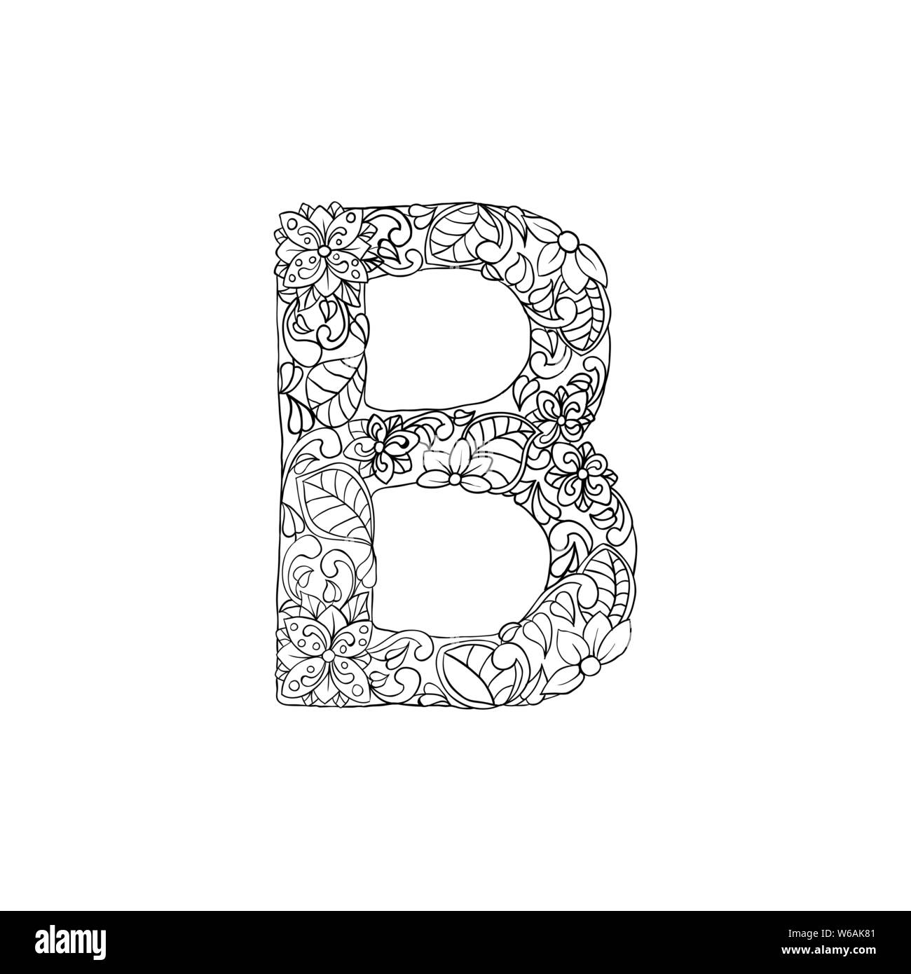 Livre de coloriage ornement floral Alphabet, lettre initiale B Font. Typographie vecteur symbole. Page antistress pour les adultes et les monogrammes.Conception de la couverture ou de l'affiche isolés Illustration de Vecteur