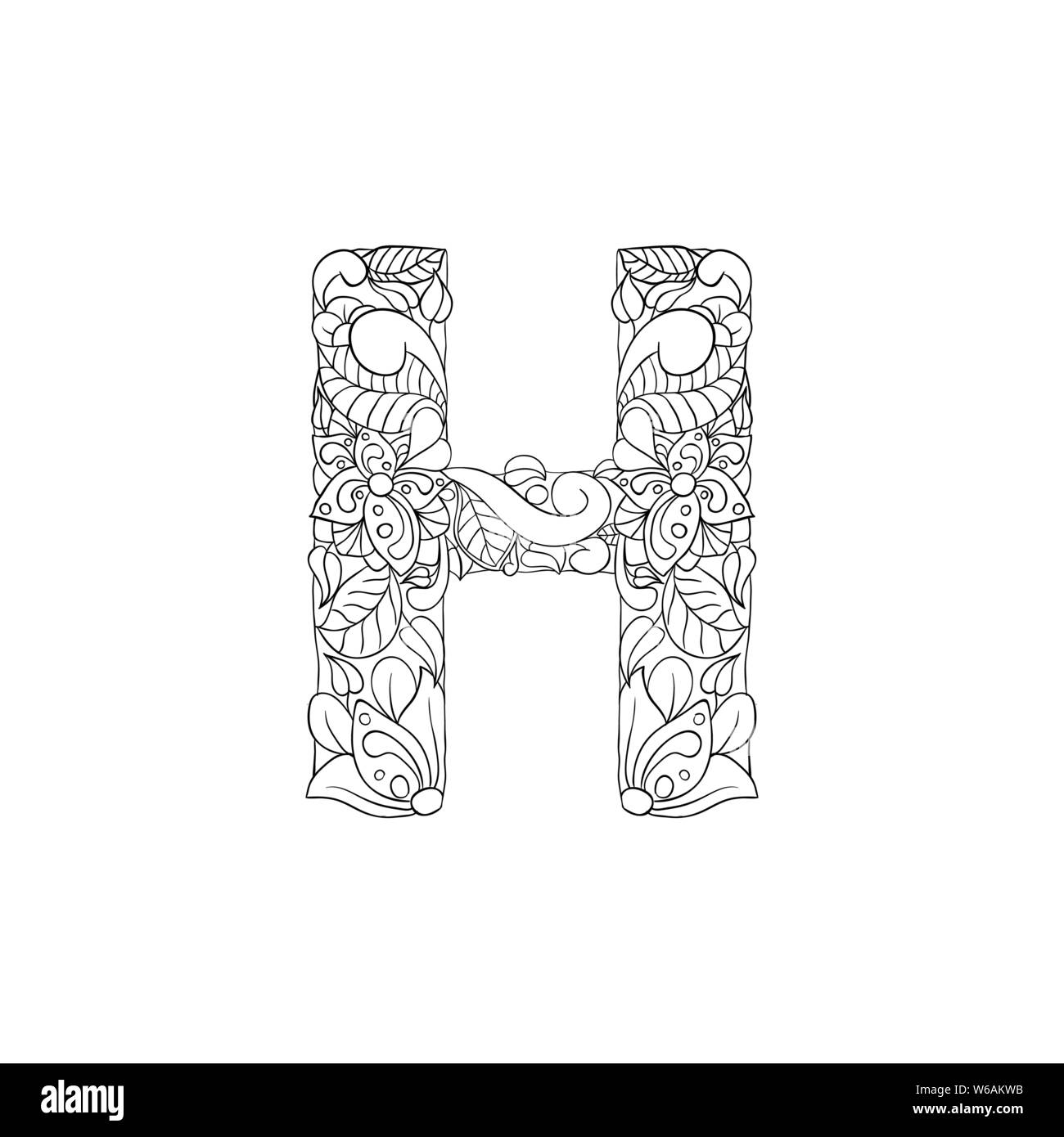 Livre de coloriage ornement floral Alphabet, lettre initiale H Font. Typographie vecteur symbole. Page antistress pour les adultes et les monogrammes.Conception de la couverture ou de l'affiche isolés Illustration de Vecteur