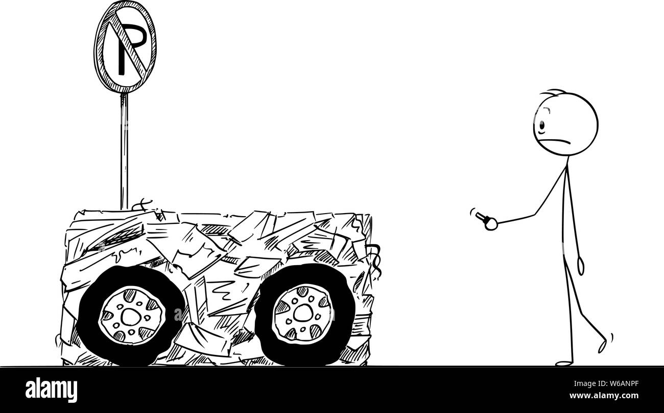 Vector cartoon stick figure dessin illustration conceptuelle de l'homme qui a découvert le choc de sa voiture à la casse lors du stationnement dans aucune aire de stationnement. Illustration de Vecteur