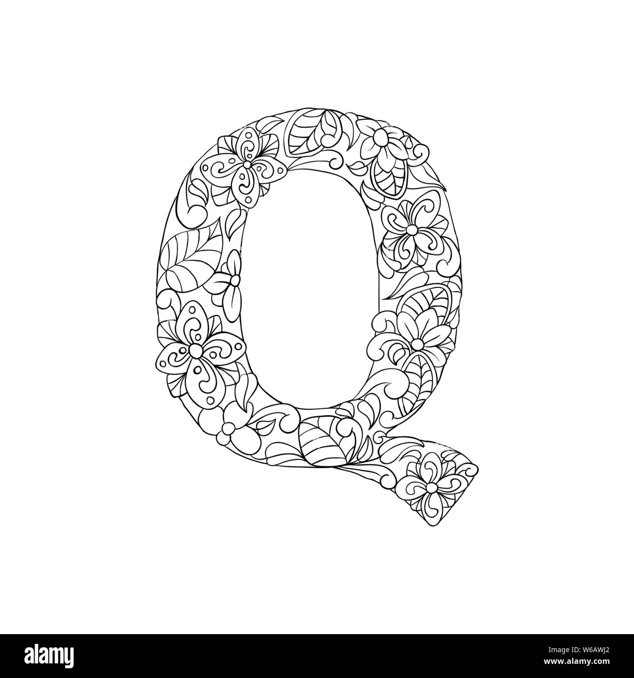 Livre de coloriage ornement floral Alphabet, lettre initiale Q Font. Typographie vecteur symbole. Page antistress pour les adultes et les monogrammes.Conception de la couverture ou de l'affiche isolés Illustration de Vecteur