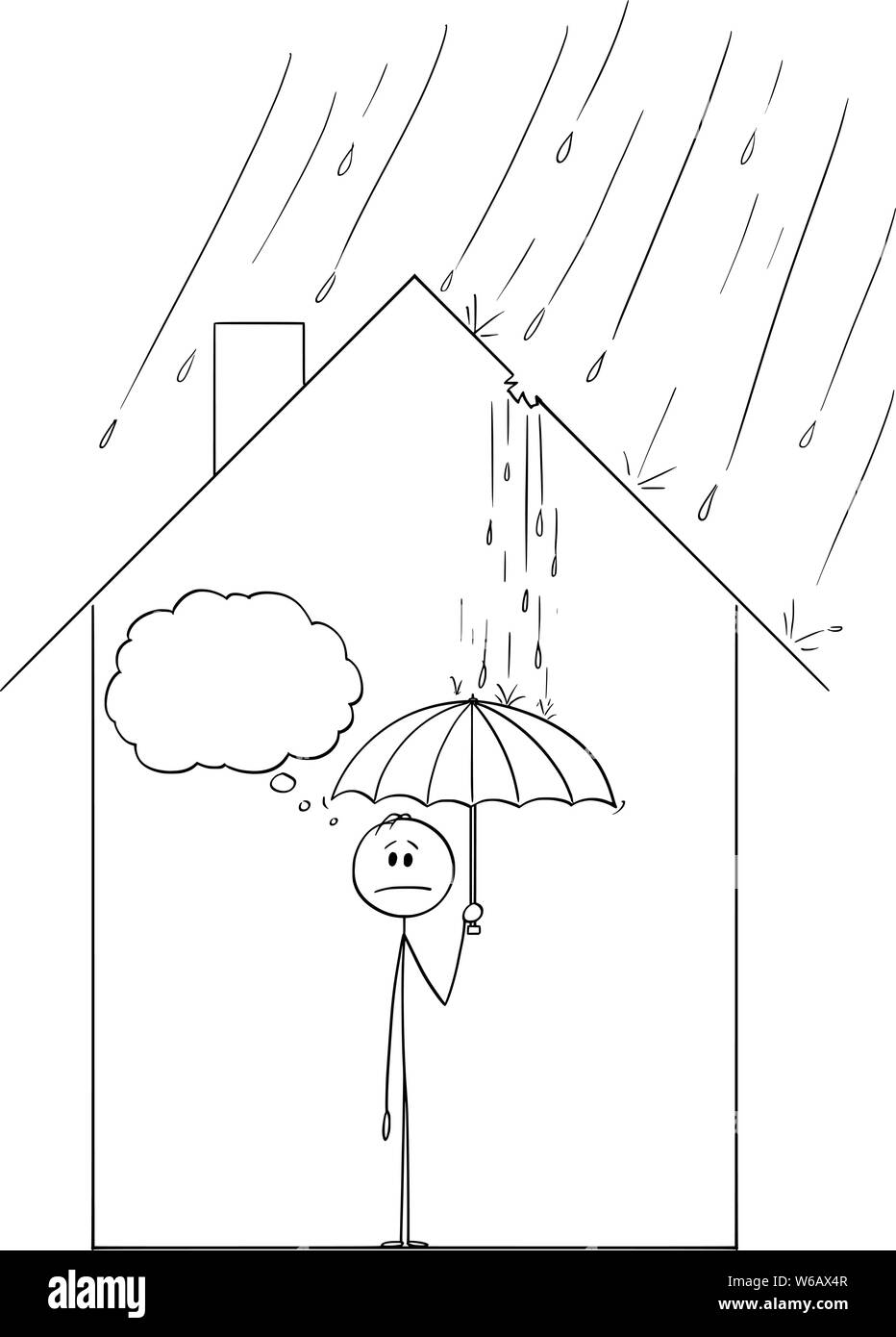 Vector cartoon stick figure dessin illustration conceptuelle de l'homme frustré holding umbrella à l'intérieur de sa maison de famille, parce que la pluie s'en vient à travers le trou dans le toit. Illustration de Vecteur