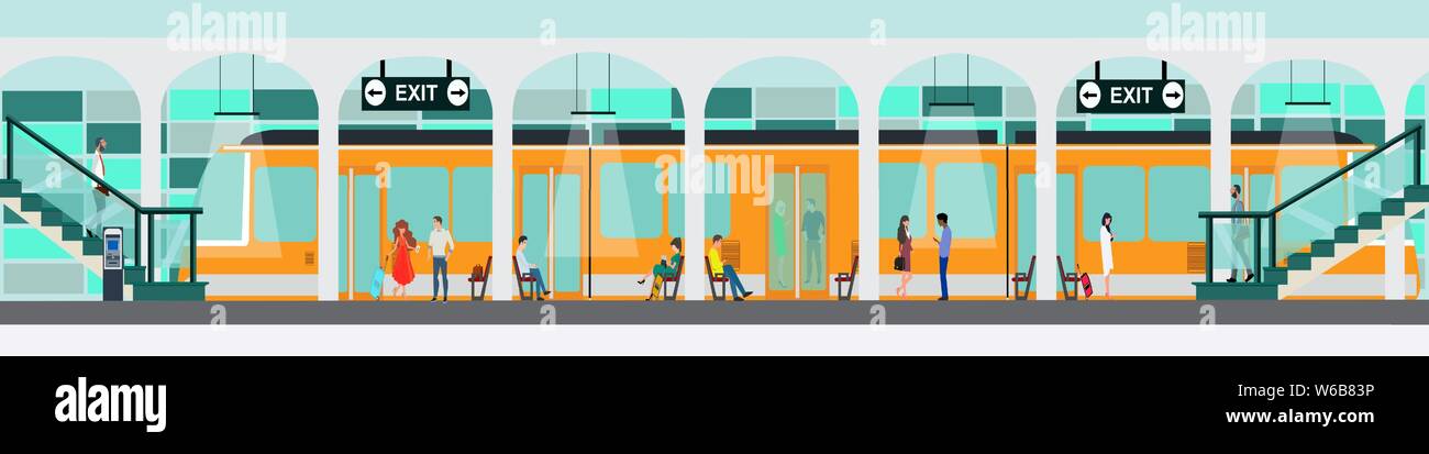 Concept de transport public. Vecteur d'une rame de métro quai de la gare avec des personnes qui voyagent ou qui attendent un train Illustration de Vecteur