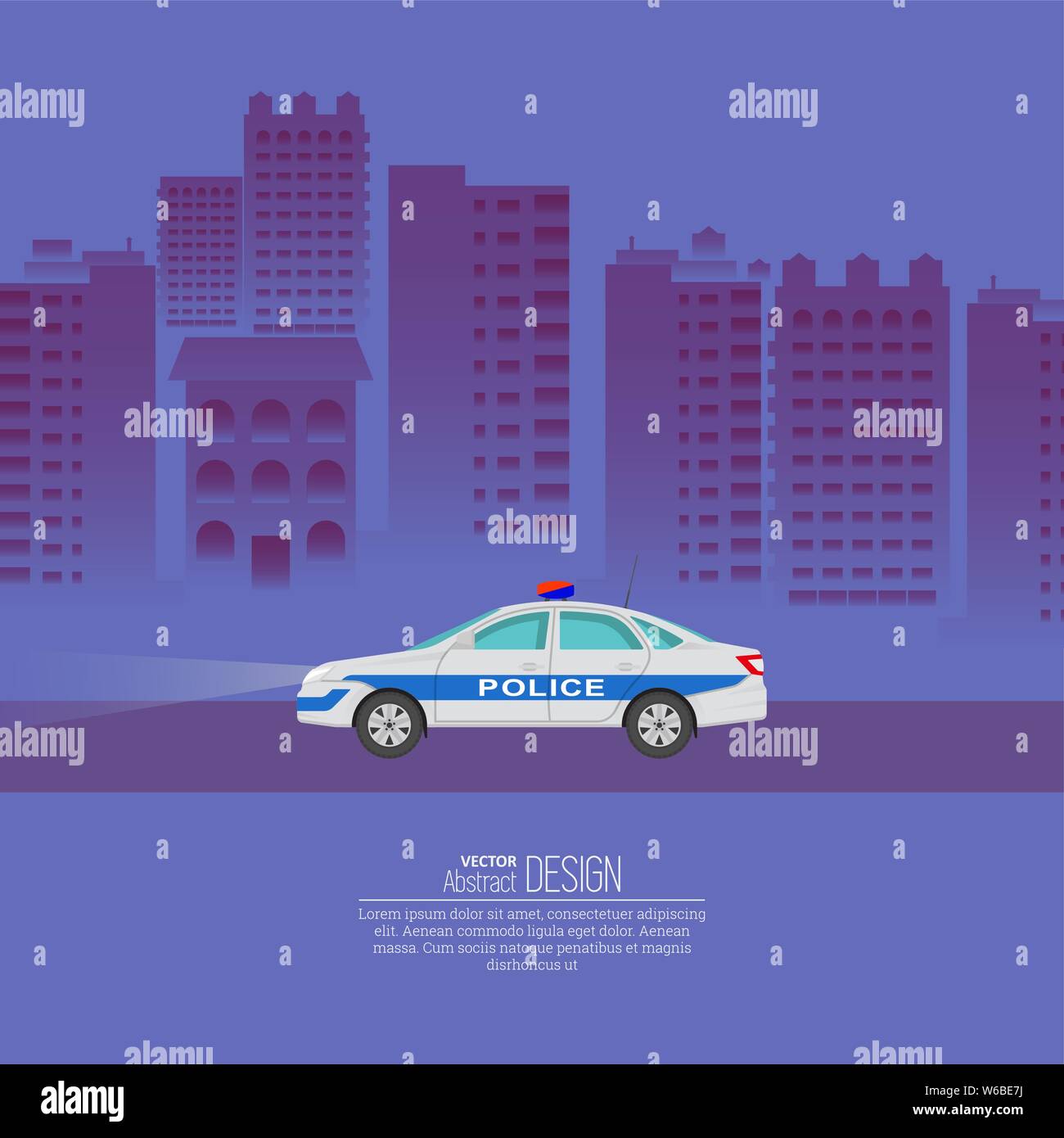 La voiture de police dans le contexte de la ville nocturne. Le véhicule de patrouille sur la voie publique de la ville. 911 Service. Un vecteur illustration de télévision avec style Illustration de Vecteur