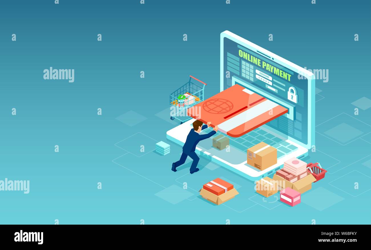 Concept de paiement en ligne. Vecteur d'un nouveau client man shopping in internet poussant carte dans l'écran du portable de payer pour les commandes Illustration de Vecteur