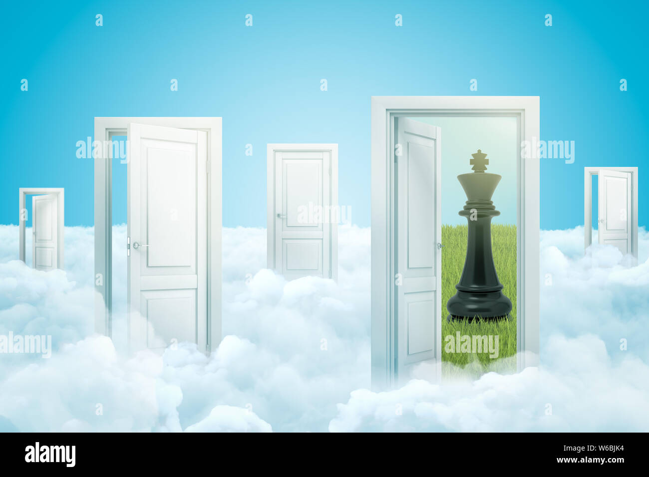 Le rendu 3D de nuages blancs avec des portes ouvertes et noir sur fond bleu roi d'échecs Banque D'Images