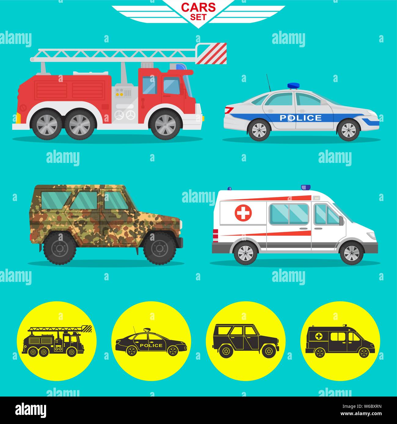 Un ensemble de véhicules avec une ombre. Les camions de pompiers, ambulance, voiture de police, militaire SUV. Icônes de voitures dans télévision style. Vector illustration.éléments de conception. Illustration de Vecteur