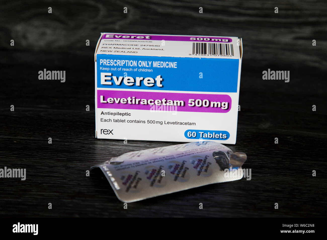 Fort d'Everet Lévétiracétam Rex 500mg. Traitement de l'Epilipsy, commercialisé en tant que médicament. Alternative à Epilim ou le valproate de sodium, la lamotrigine. Banque D'Images