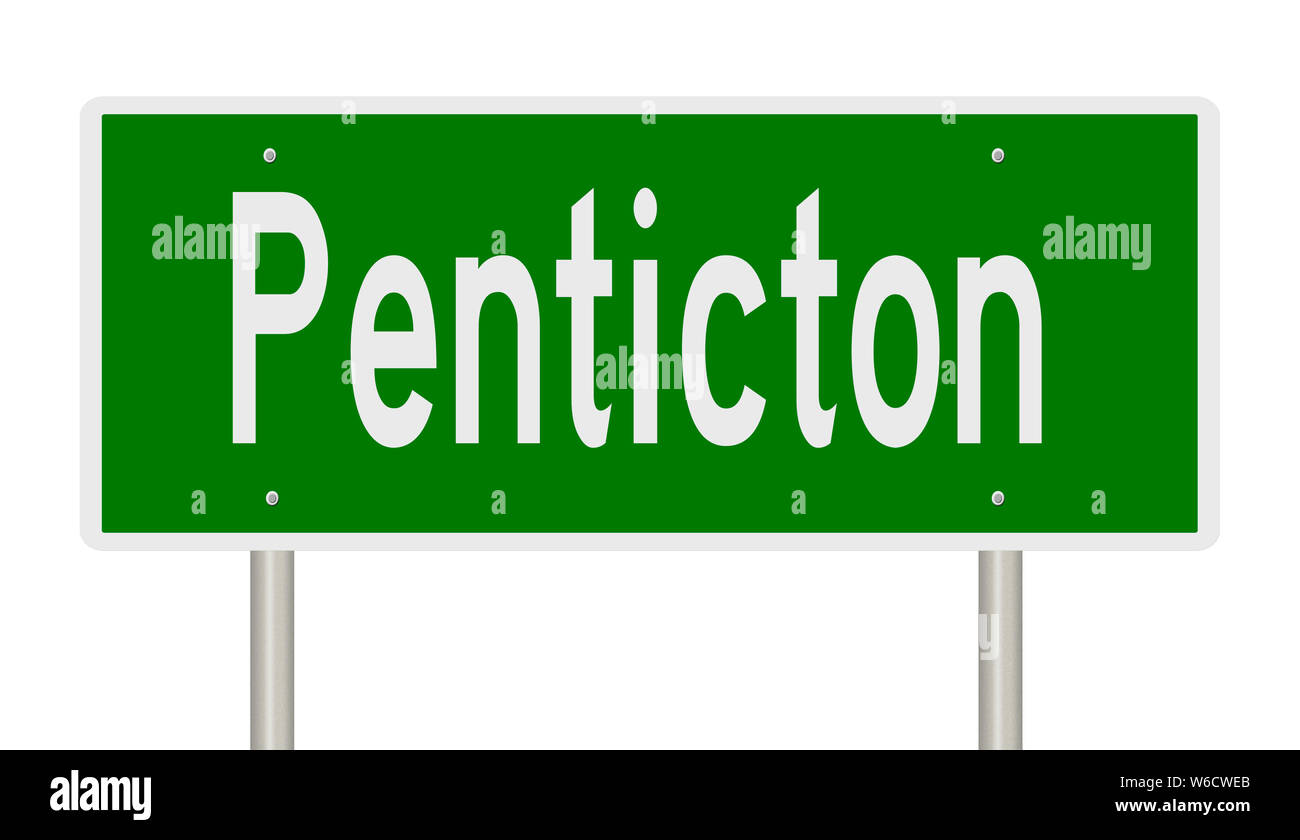 Rendu d'un panneau routier vert pour Penticton en Colombie-Britannique Banque D'Images