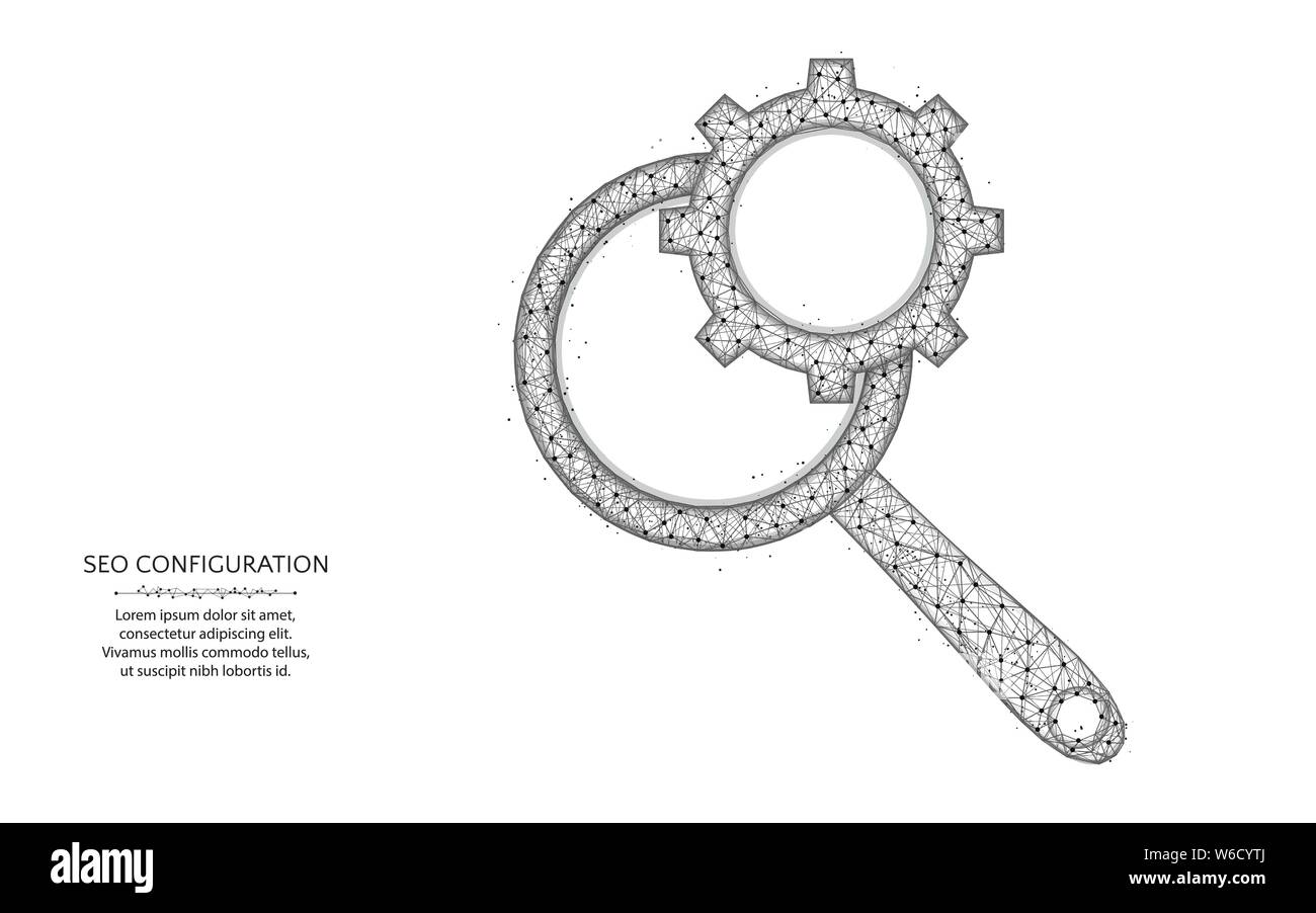 Loupe et faible à crémaillère conception poly, loupe et le pignon droit géométrique abstraite, SEO wireframe configuration vecteur polygonale illustration réalisée Illustration de Vecteur