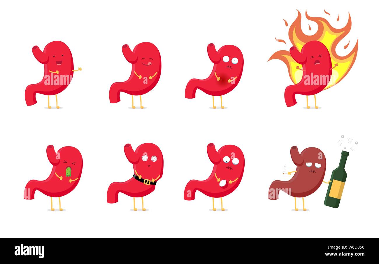 Triste malade malsain et sain fort heureux souriant mignon estomac caractère ensemble. Anatomie humaine médicale organe système digestif drôle de collection de dessins animés. Illustration de la mascotte vectorielle Illustration de Vecteur