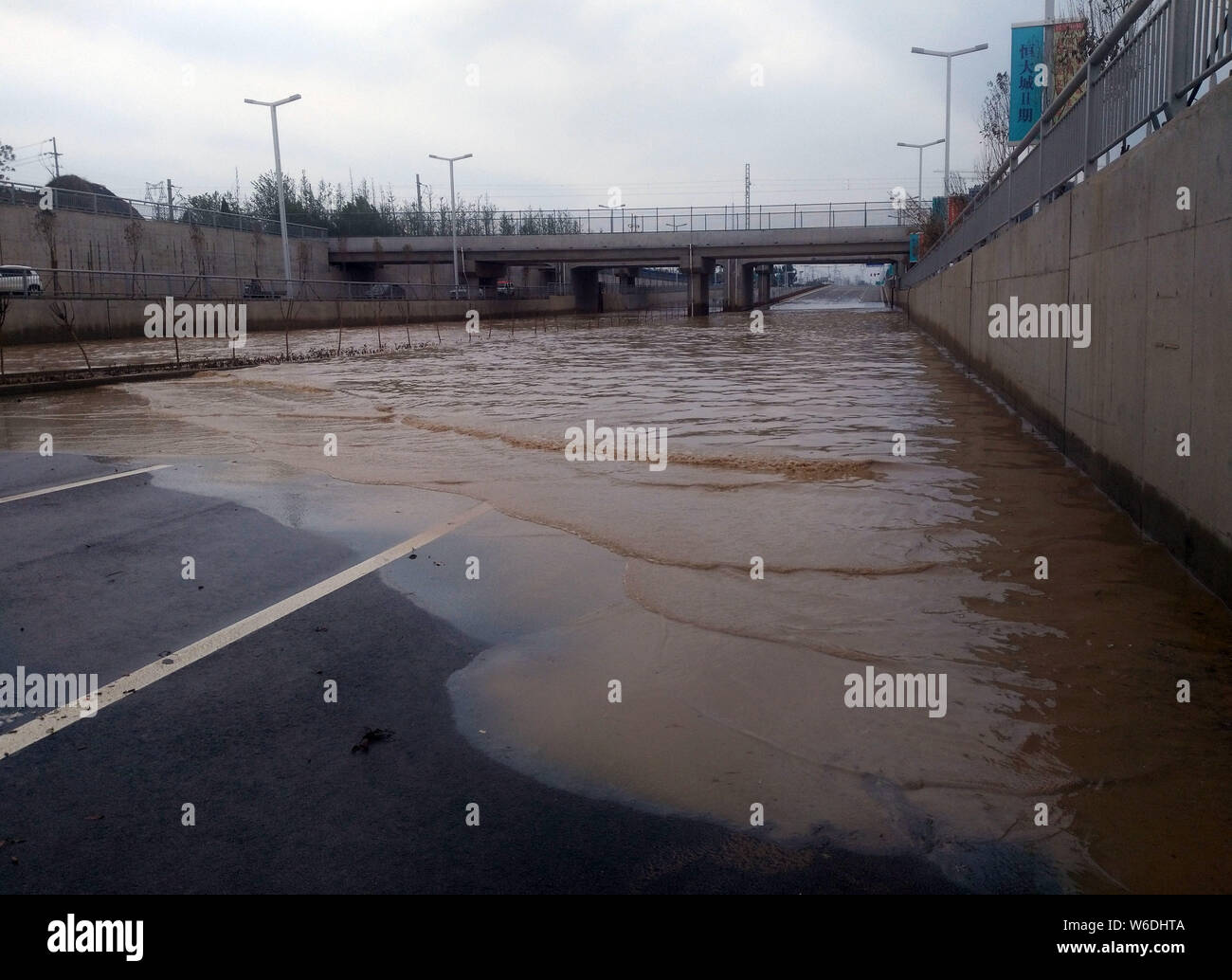 Une route sous un viaduc est submergée en raison de la fermeture d'un système de pompage après de fortes pluies dans la ville de Zhengzhou, province du Henan en Chine centrale, 22 Banque D'Images