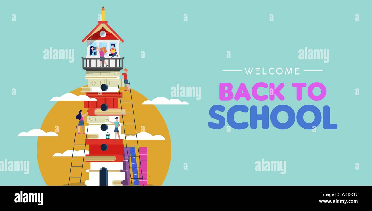 Bienvenue à l'école bandeau web illustration d'enfants Groupes de faire l'éducation de la tour phare des livres. La créativité ou l'imagination de classe con Illustration de Vecteur
