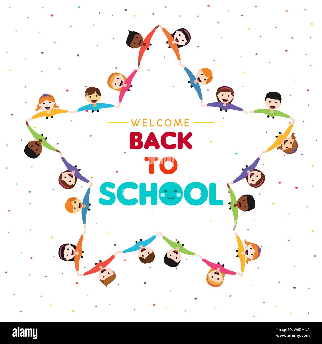 Bienvenue de nouveau à l'école illustration de divers groupes d'étudiants enfants faire star shape. Happy kids smiling en vue de dessus, l'angle des élèves de maternelle o Illustration de Vecteur