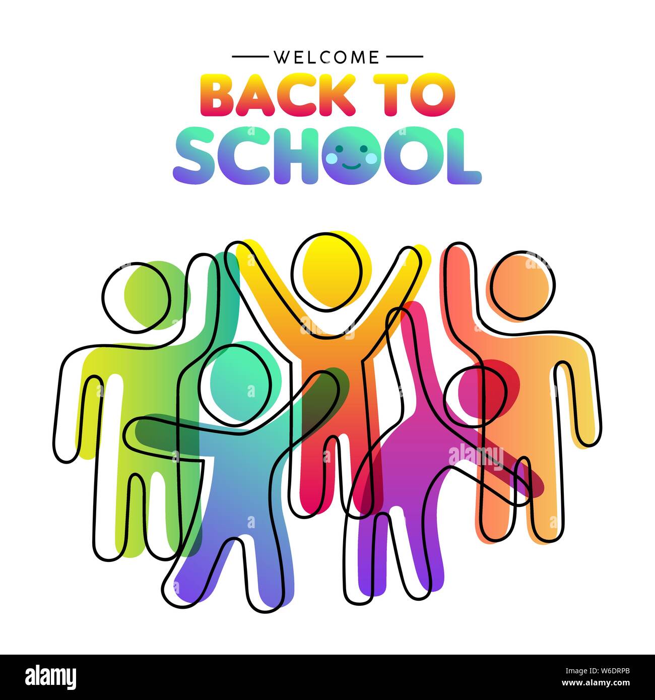 Bienvenue de nouveau à la carte scolaire illustration de divers groupes d'étudiants de couleur ensemble. Camarades enfants concept dans le style moderne de couleur du dégradé. Illustration de Vecteur