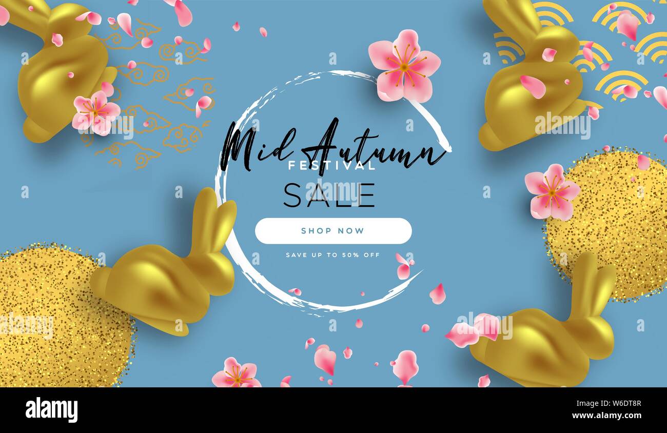 Festival de mi-automne vente modèle pour la promotion de l'entreprise en ligne ou boutique internet offre. Lapin 3d'or et de fleurs roses avec déco traditionnelle chinoise Illustration de Vecteur