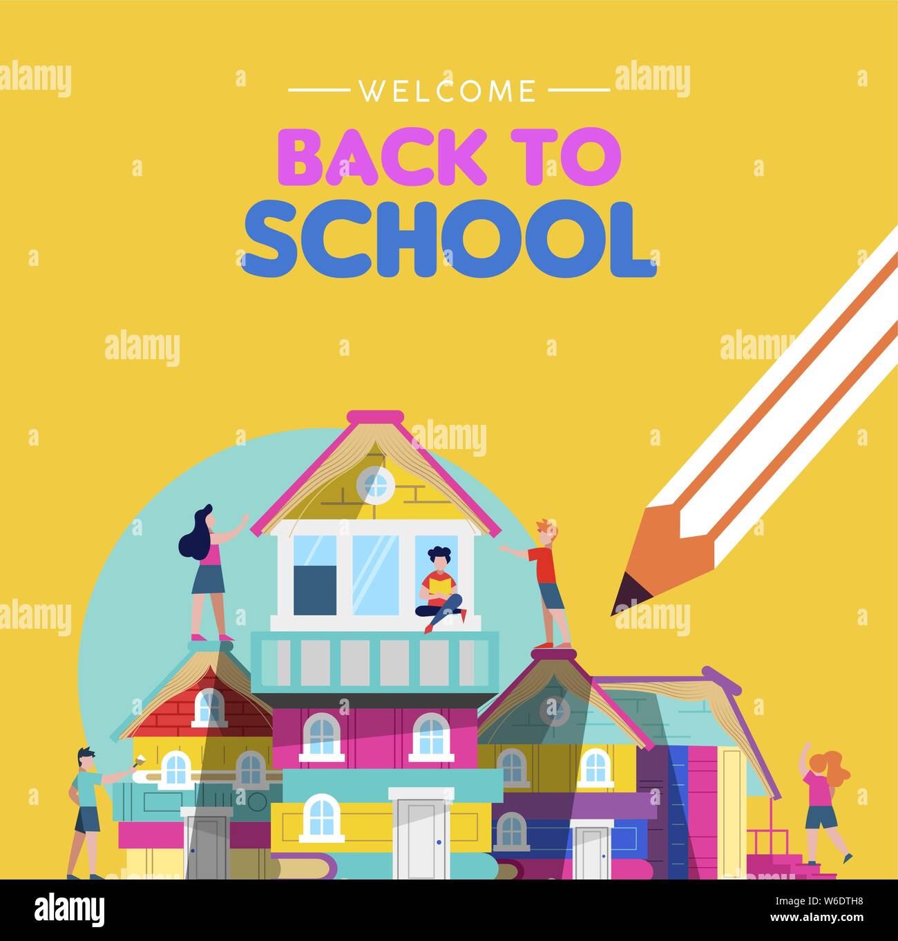 Bienvenue à l'école carte de souhaits illustration de livre pour enfants en groupe et maisons de ville à partir de livres d'éducation. La Créativité en classe ou d'imaginat Illustration de Vecteur