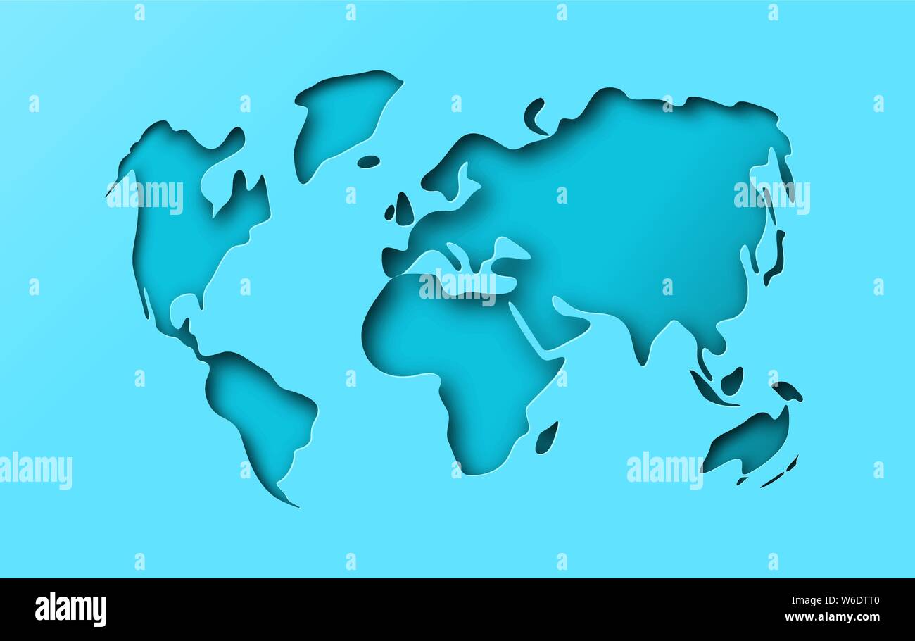 Papercut Blue world map illustration sur fond isolé. Découpe du papier 3D réaliste modèle globe dans dégradé. Illustration de Vecteur