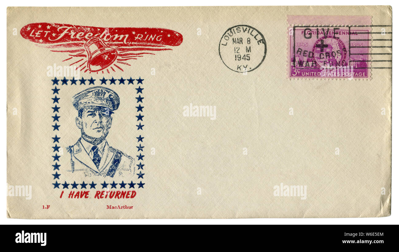 Louisville, Kentucky, USA - Le 8 mars 1945 : enveloppe historique : couvrir avec un cachet particulier avec Portrait du général Douglas MacArthur, je suis de retour Banque D'Images