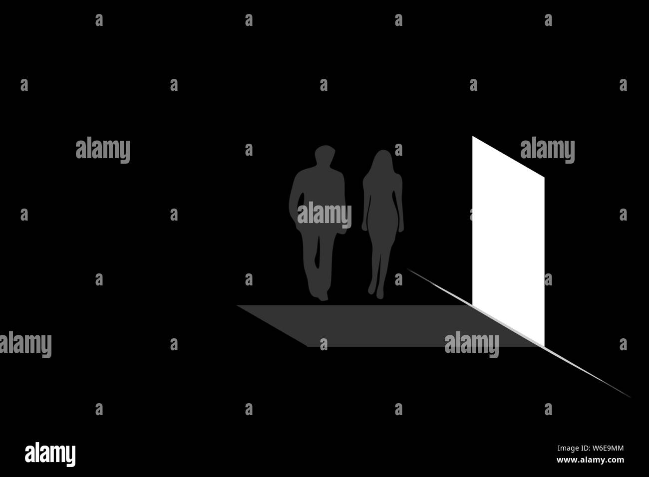 Silhouette d'hommes et femmes sont à pied dans la chambre la nuit, vector illustration Illustration de Vecteur