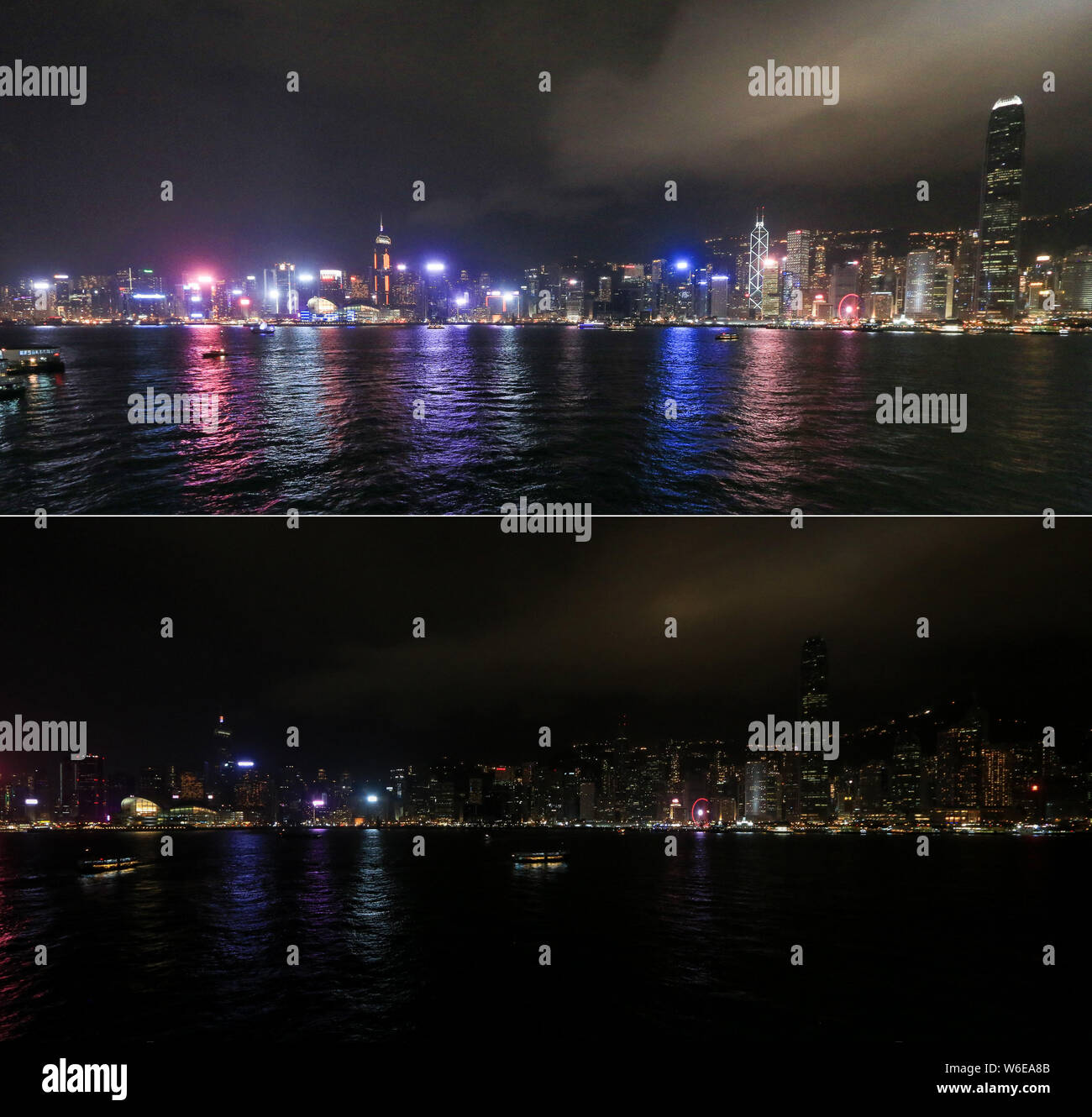 Cette photo composite présente des gratte-ciel et les tours à bureaux le long du port de Victoria avant (en haut) et au cours de la campagne de l'heure de la Terre Banque D'Images